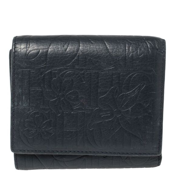 Carolina Herrera Navy Blue Monogram Leather Trifold Compact Wallet - Picture 1 of 4